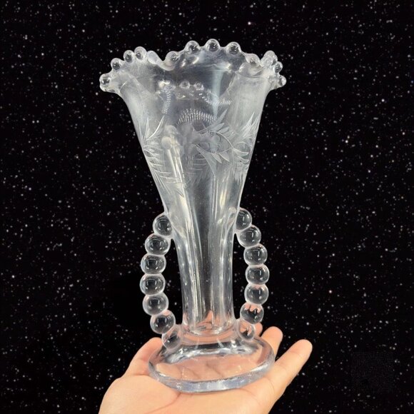 Imperial Candlewick Clear Flower Vase Ruffled Rim Etched Flowers Clear Vintage - Picture 8 of 12